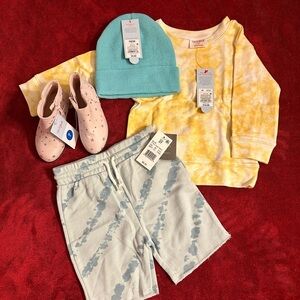 Cat & Jack Yellow Tie-Dye Set with Blue Hat and Pink Shoes